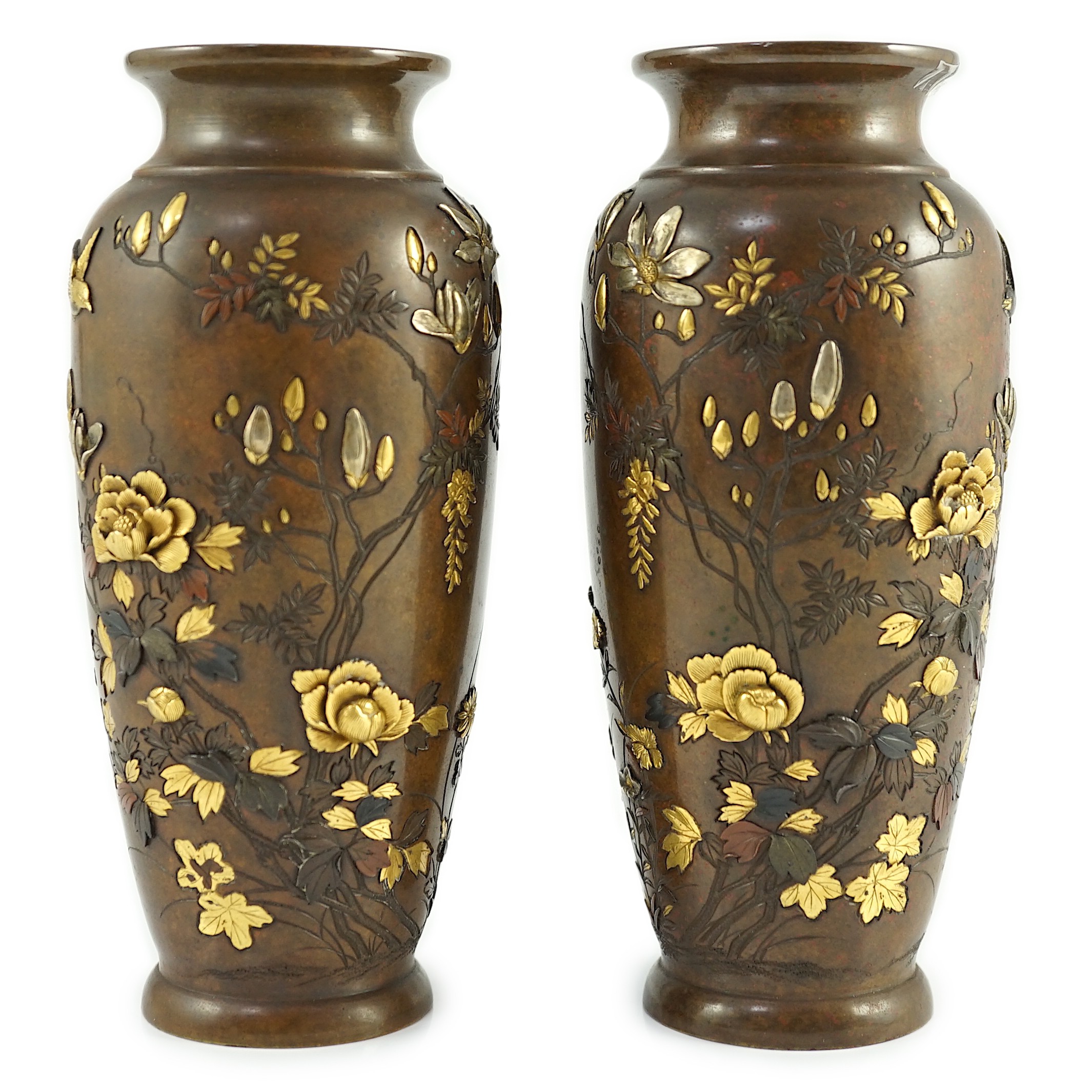 A pair of Japanese mixed metal bronze vases, by Nogawa workshop, Meiji period, 15cm high